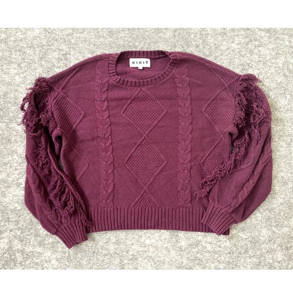 Kikit Sweater Womens Large Cable Knit Crop Top Tassels Bohemian Maroon Hippie - Picture 1 of 9